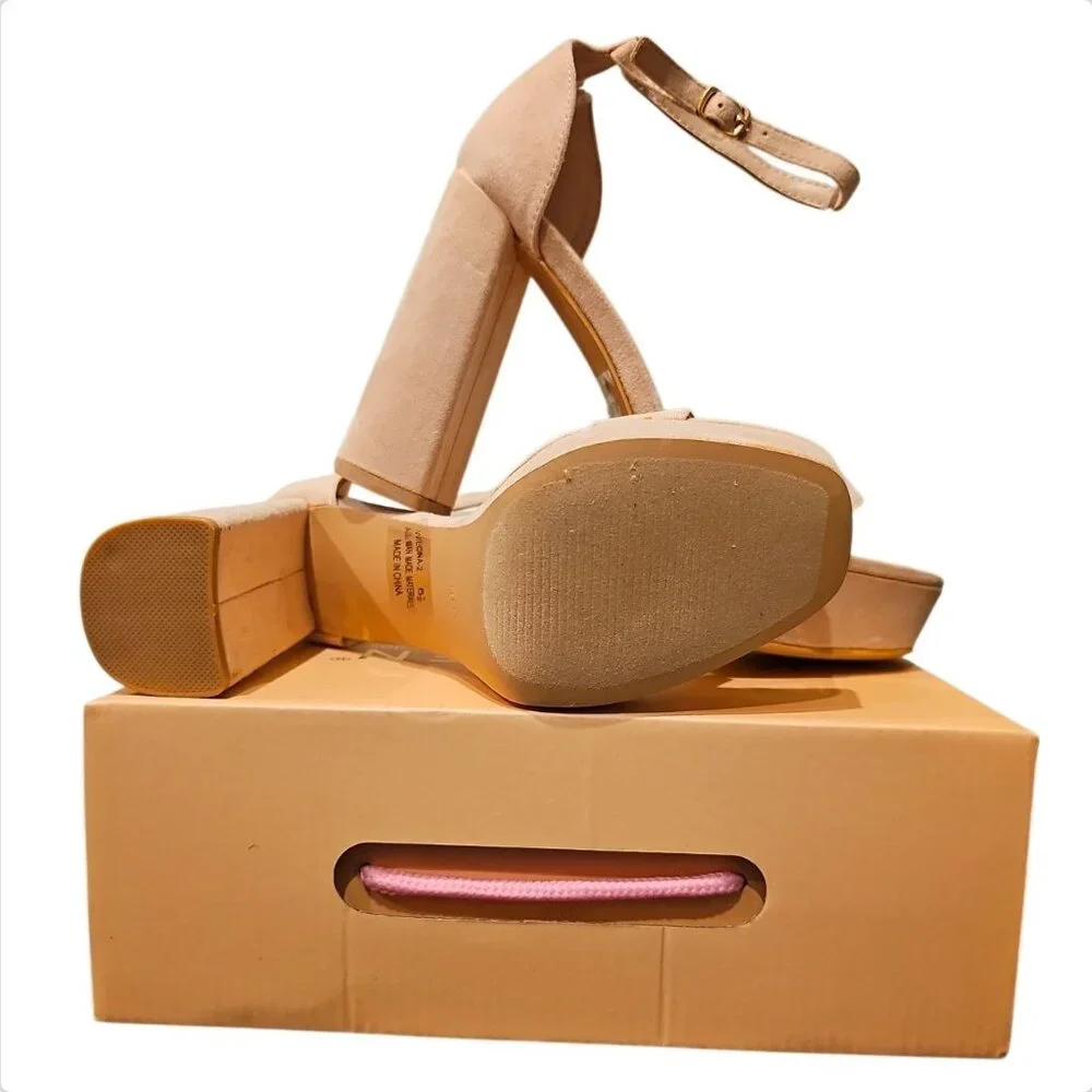 Beige Faux Suede Platform Block Heel Sandals With Adjustable Ankle Strap - Picture 6 of 6